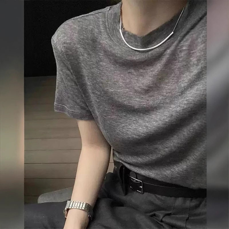 新款时尚简约薄款天丝羊毛面膜短袖T恤女宽松显瘦圆领针织半袖衫