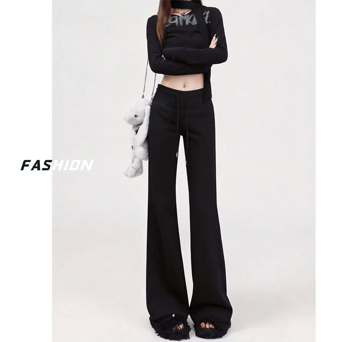 黑色运动喇叭裤女春秋高腰显瘦大码胖mm梨型身材美式休闲微喇卫裤