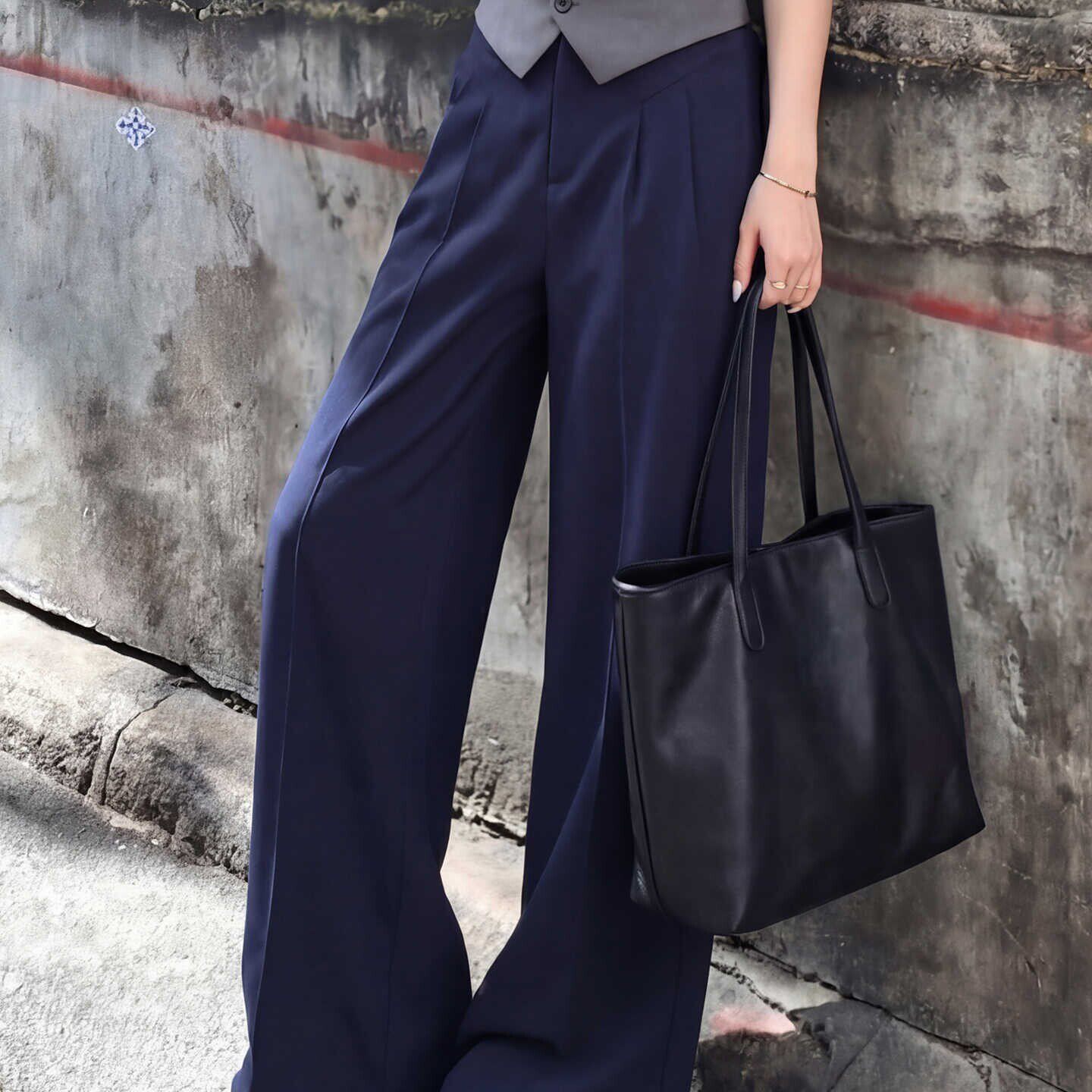 藏青色亚麻阔腿裤女夏季薄款老钱风直筒休闲小个子冰丝棉麻西装裤