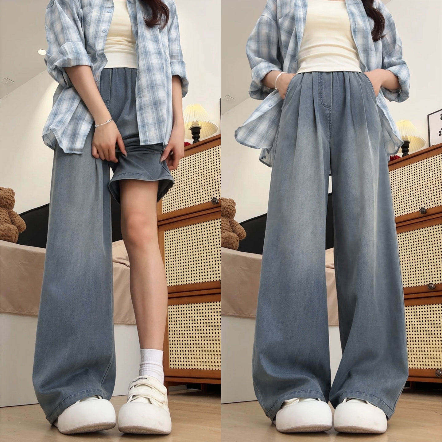 浅色牛仔裤女春秋宽松直筒小个子大码胖mm显瘦休闲直筒阔腿长裤子