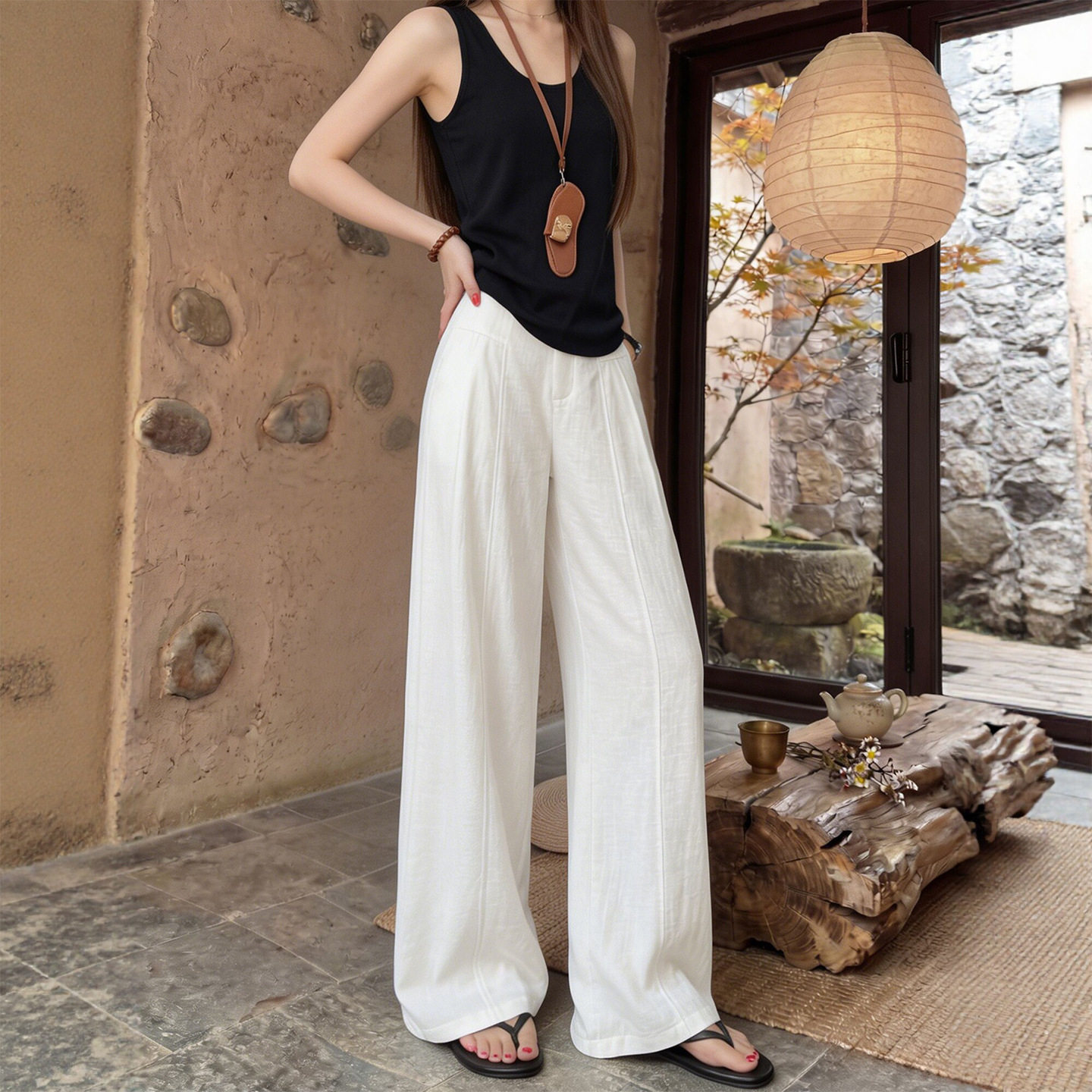 藏青色亚麻弯刀裤女夏薄款2026新款苎麻棉麻高个子加长冰丝阔腿裤