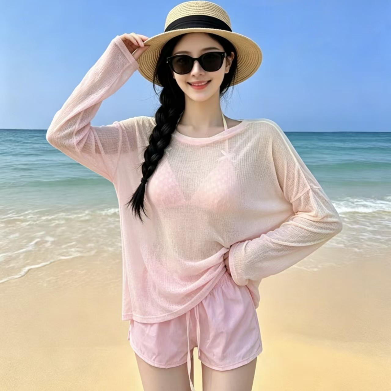 新款女士分体四件套比基尼纯欲性感罩衫沙滩温泉度假泳衣女批发