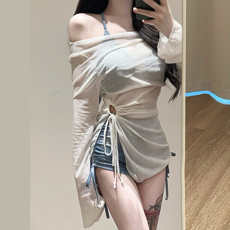 泳衣三件套批发女款挂脖款蓝色扎染罩衫性感收腰泡温泉分体泳衣女