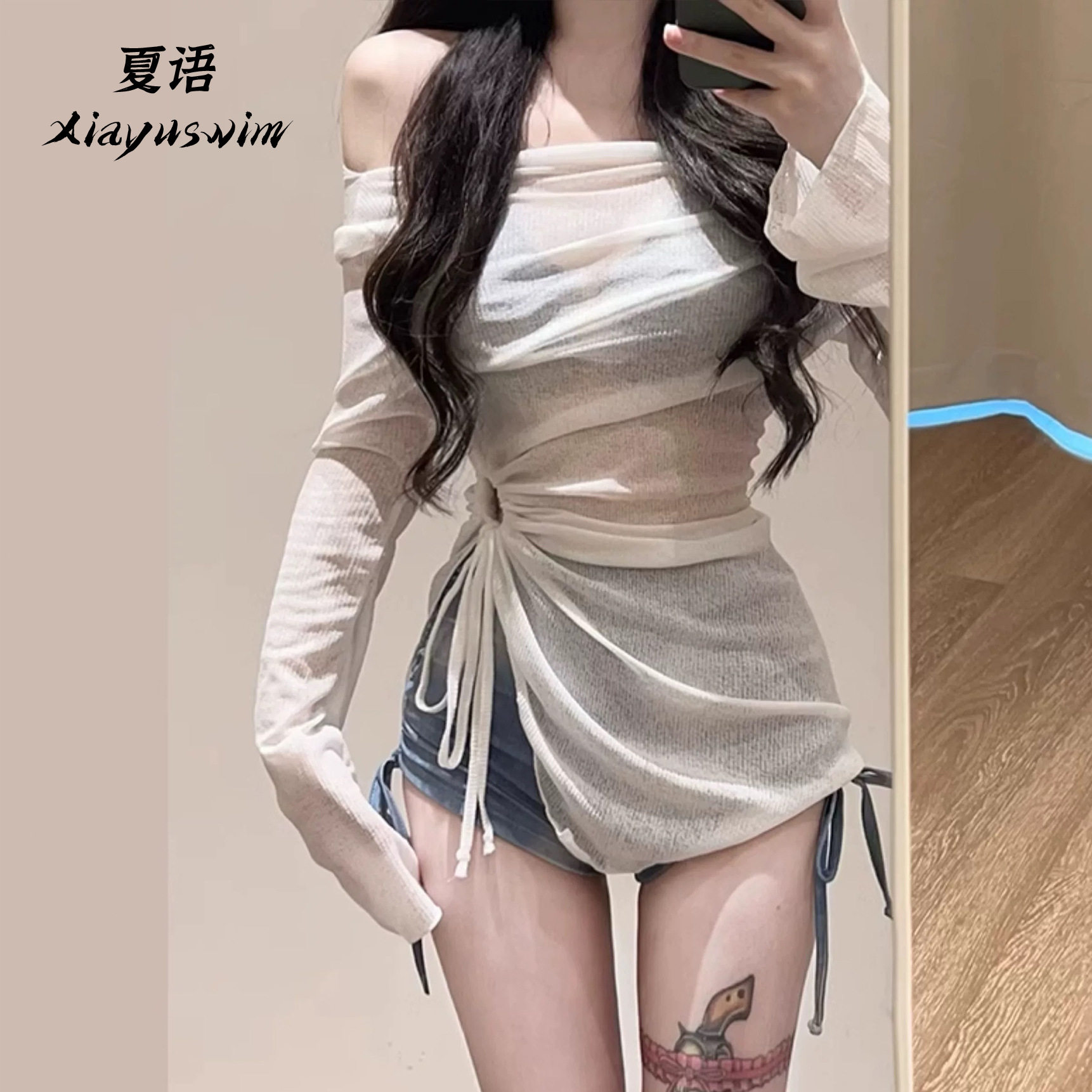 新款泳衣度假美式扎染蓝色三件套运动分体平角比基尼罩衫温泉批发