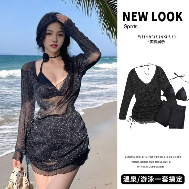 性感风黑色比基尼女分体三件套港味风情沙滩游泳衣