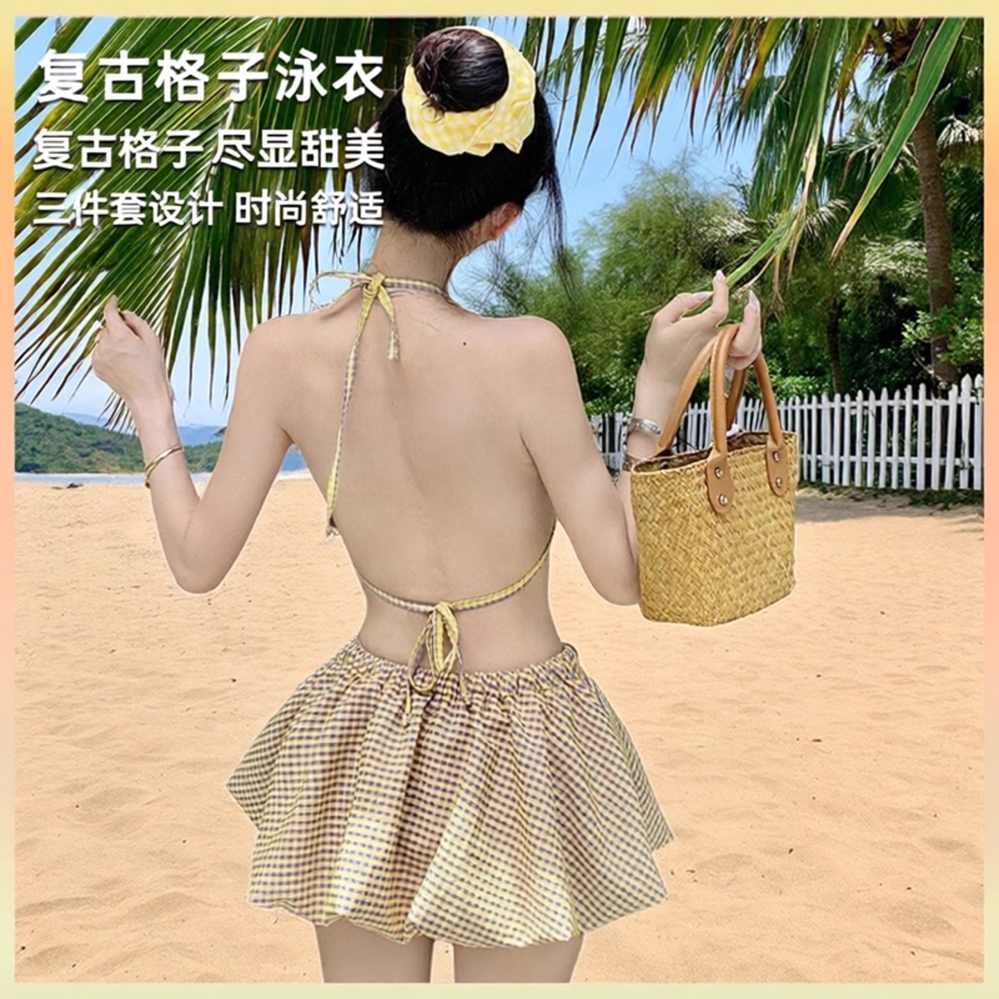 高级感泳衣女甜美少女复古格子