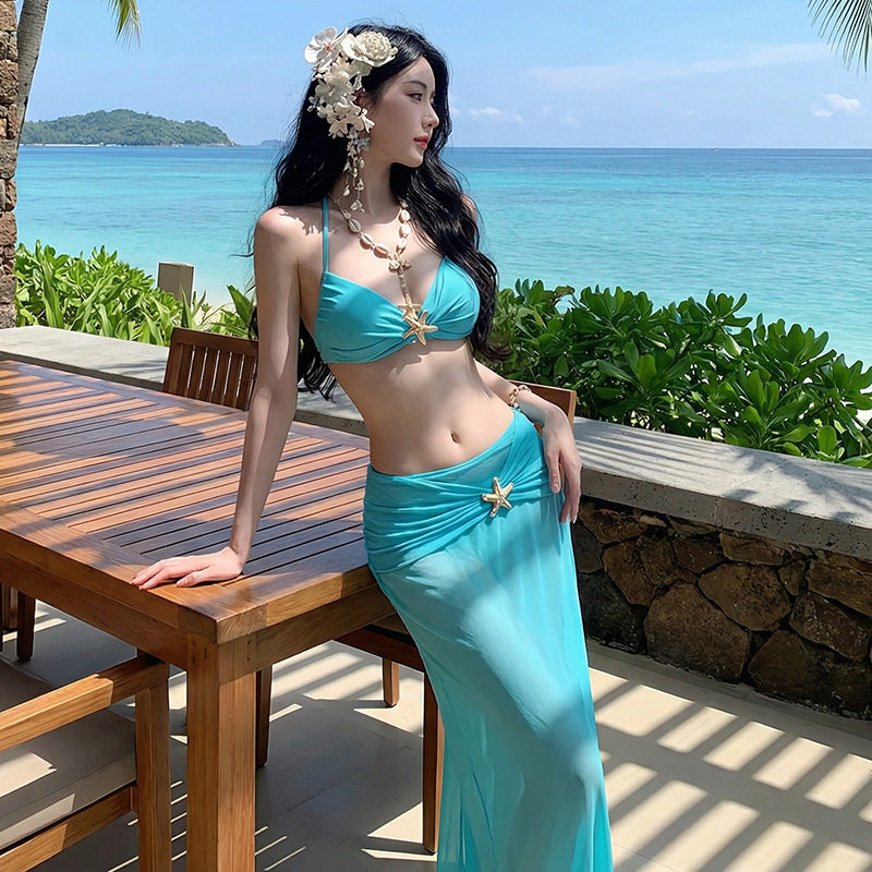 比基尼泳衣女分体三件套性感海岛海边度假度假长纱裙绝美沙滩拍照