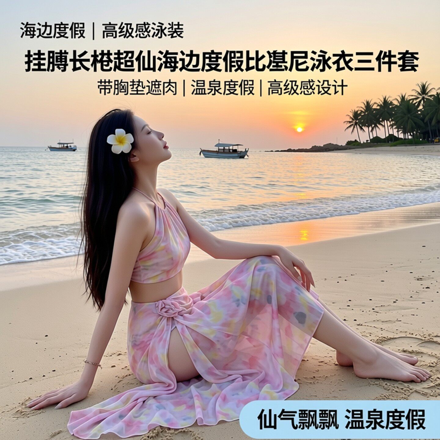 日系挂脖连体泳衣女三件套绑带度假风海边沙滩裙高级感