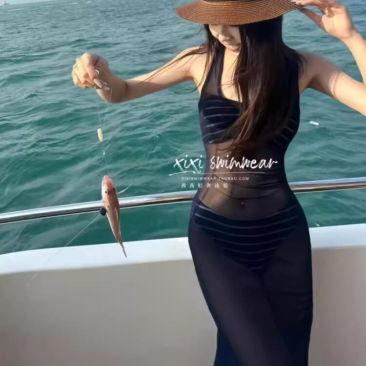 网红超仙辣妹性感泳装深蓝色透视沙滩网纱长裙罩衫条纹比基尼泳衣