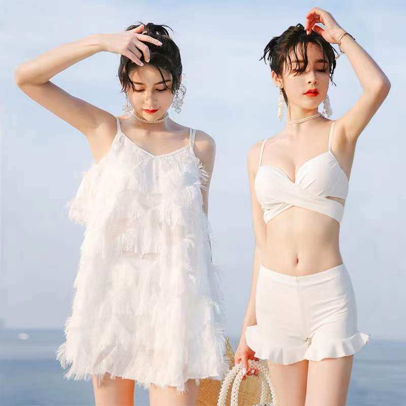 2025新款泳衣女 比基尼三件套羽毛性感分体泳装 韩版ins温泉泳衣