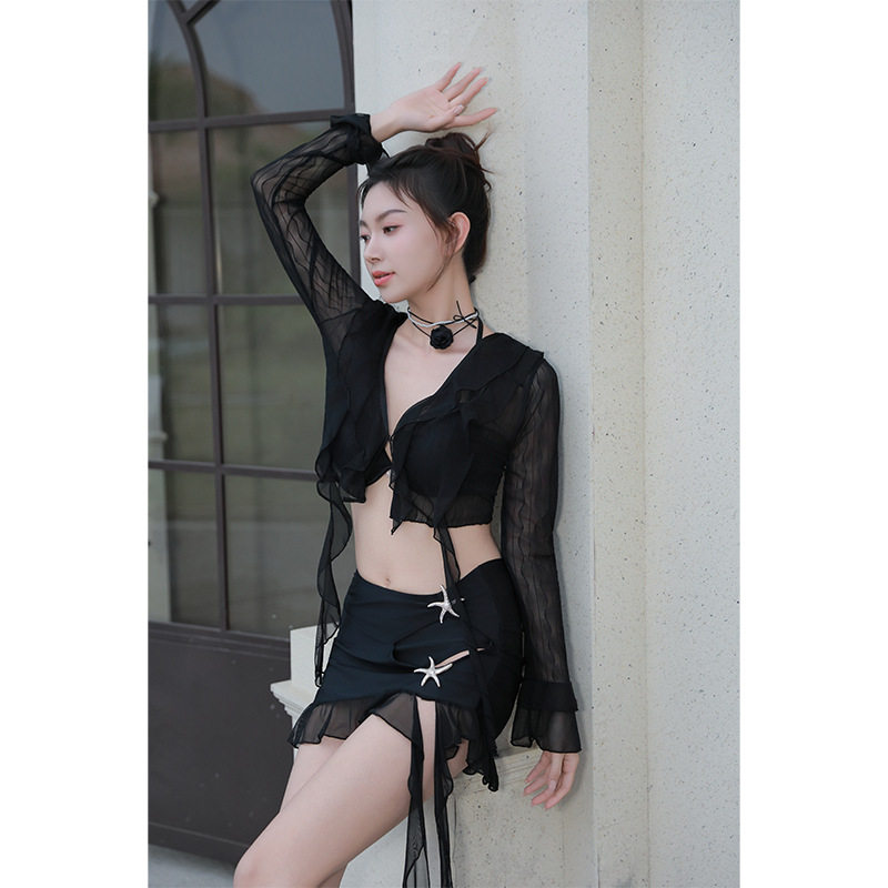 新款女士分体性感比基尼四件套罩衫网纱沙滩温泉度假泳衣女批发