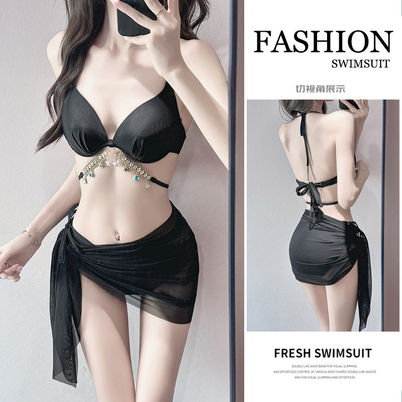 性感挂脖链条三件套罩衫泳衣女黑色比基尼聚拢温泉度假风