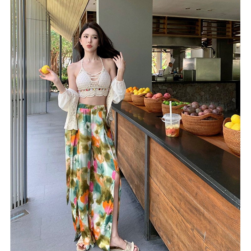 多巴胺碎花阔腿裤海边穿搭花裤夏女高腰长裤波西米亚裙裤沙滩裤子