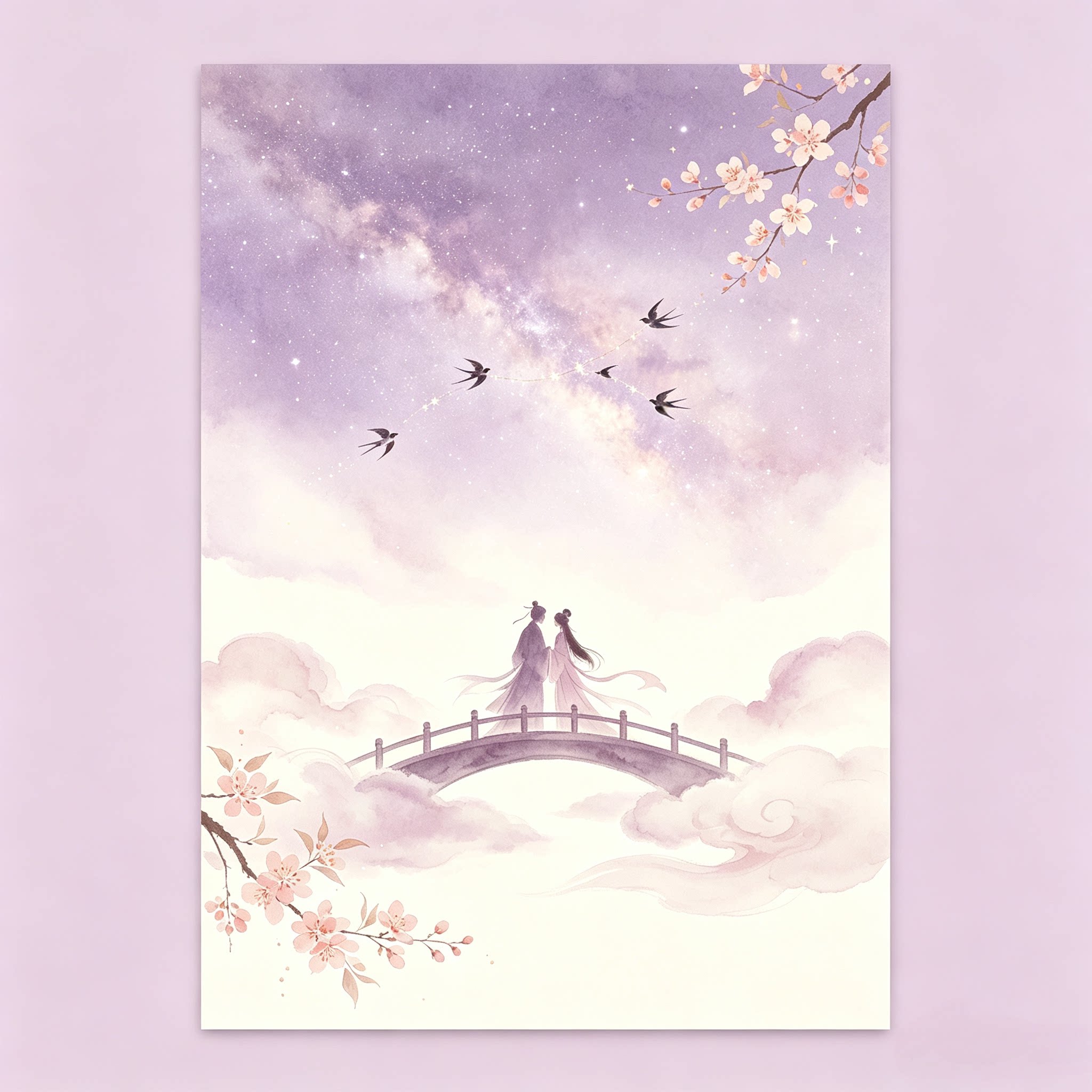 新中式七夕鹊桥牛郎织女画芯 紫现代装饰画