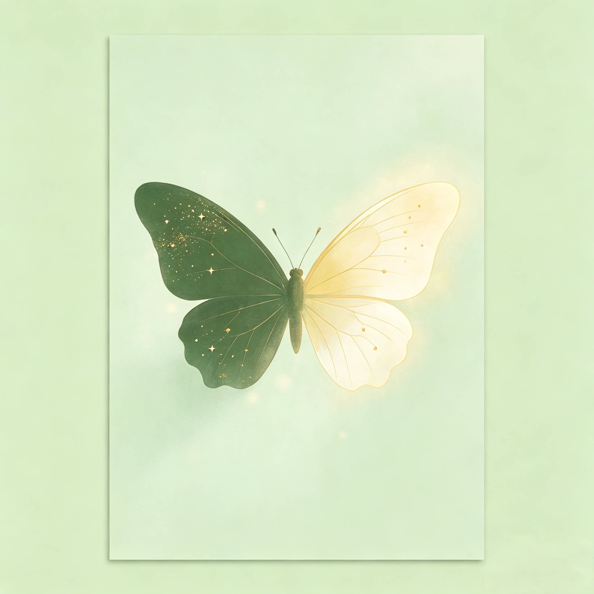 清新绿金蝴蝶画芯治愈水彩插画北现代装饰画