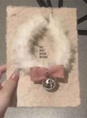 甜美可爱粉色蝴蝶结毛绒绒choker铃铛项链小众设计锁骨链项圈饰品