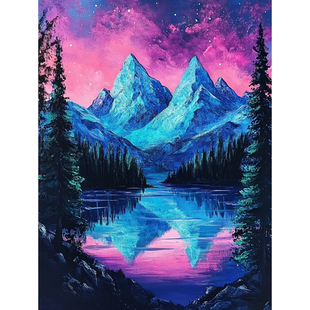 带框钻石画雪山湖泊diy钻石绣卡通马赛克拼图粘贴画相框