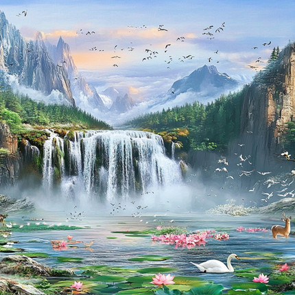 带框钻石画流水生财瀑布diy钻石绣卡通马赛克拼图粘贴画相框画