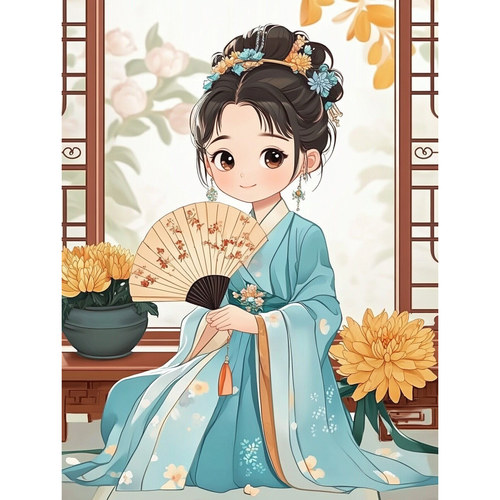 带框钻石画菊花女孩diy钻石绣卡通马赛克拼图粘贴画满钻