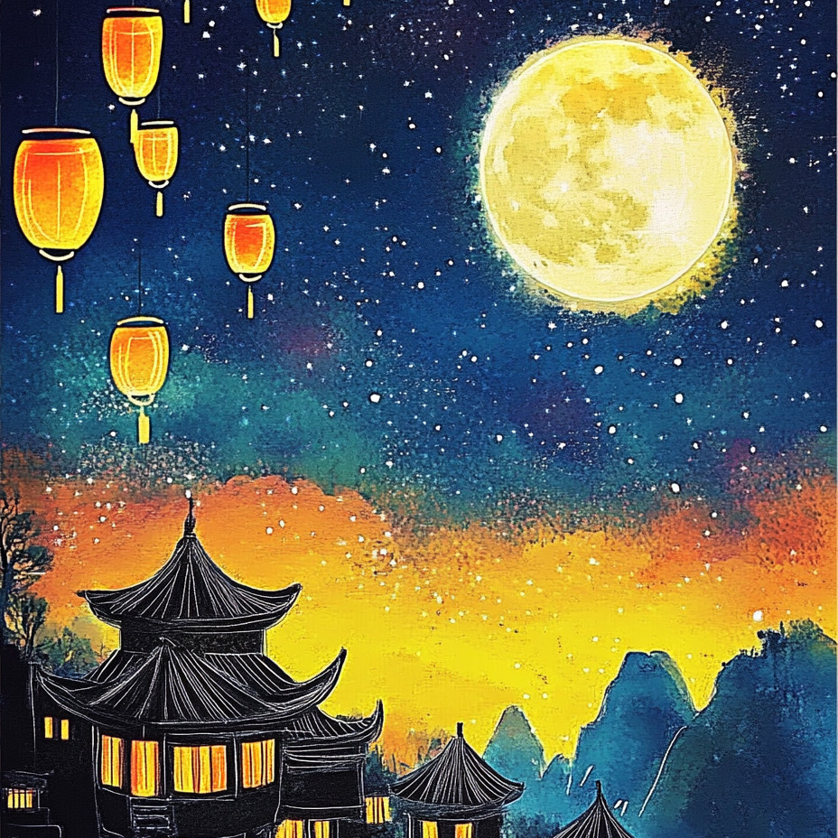 带框钻石画中秋灯笼小镇diy钻石绣卡通马赛克拼图粘贴画满钻手工