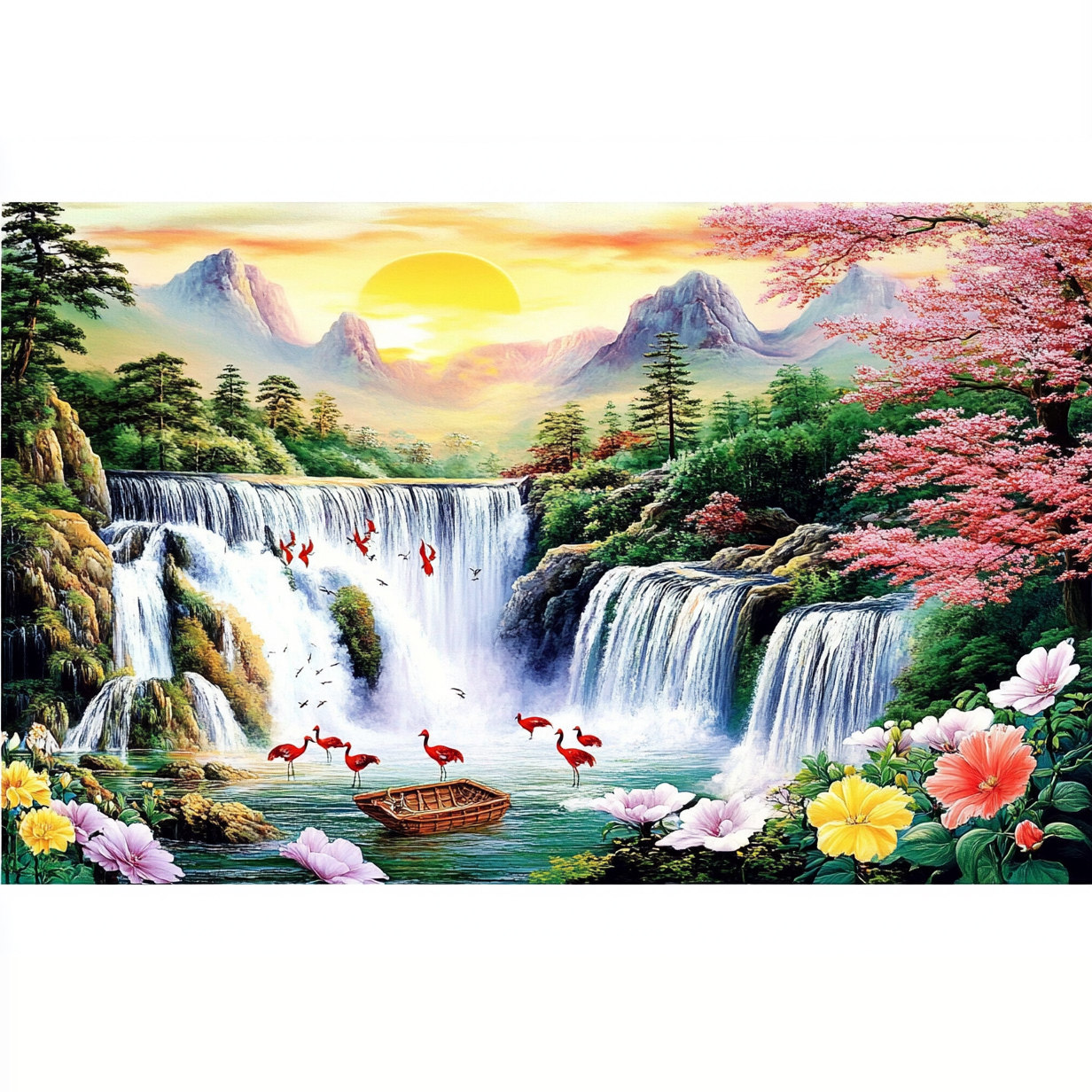 带框钻石画流水生财山水如画diy钻石绣卡通马赛克拼图粘贴画相框