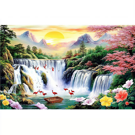 带框钻石画流水生财山水如画diy钻石绣卡通马赛克拼图粘贴画相框