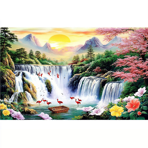 带框钻石画流水生财山水如画diy钻石绣卡通马赛克拼图粘贴画相框