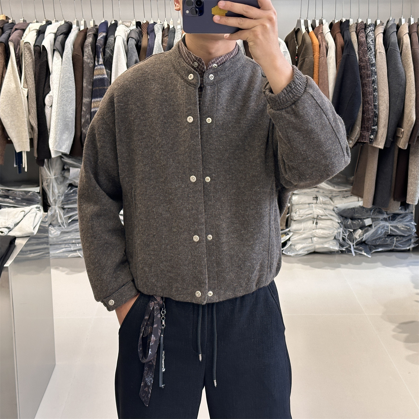 格子衬衫羊毛呢拼接假两件羽绒服