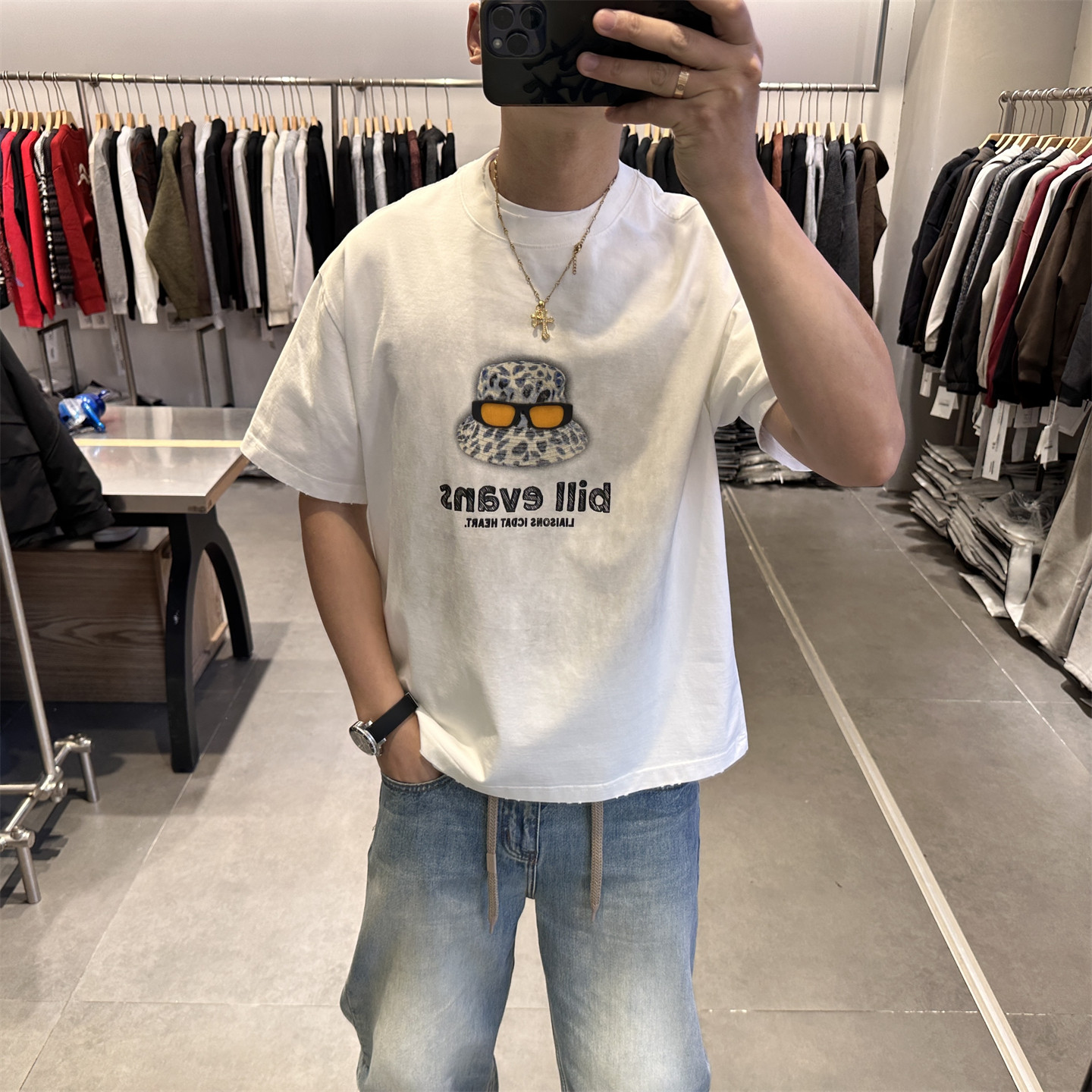 三朋夏季新款趣味帽子印花短袖T恤男美式宽松痞帅纯色半袖上衣潮t