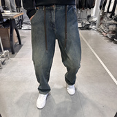 MOODKEE冬季 男潮牌水洗做旧宽松直筒长裤 美式 复古加绒阔腿牛仔裤