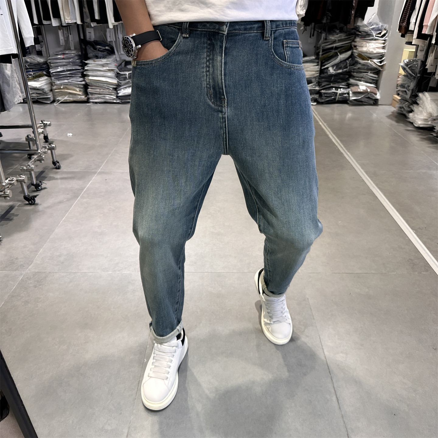 漠柯秋季美式复古浅蓝色牛仔裤男潮牌修身弹力水洗做旧小脚长裤潮