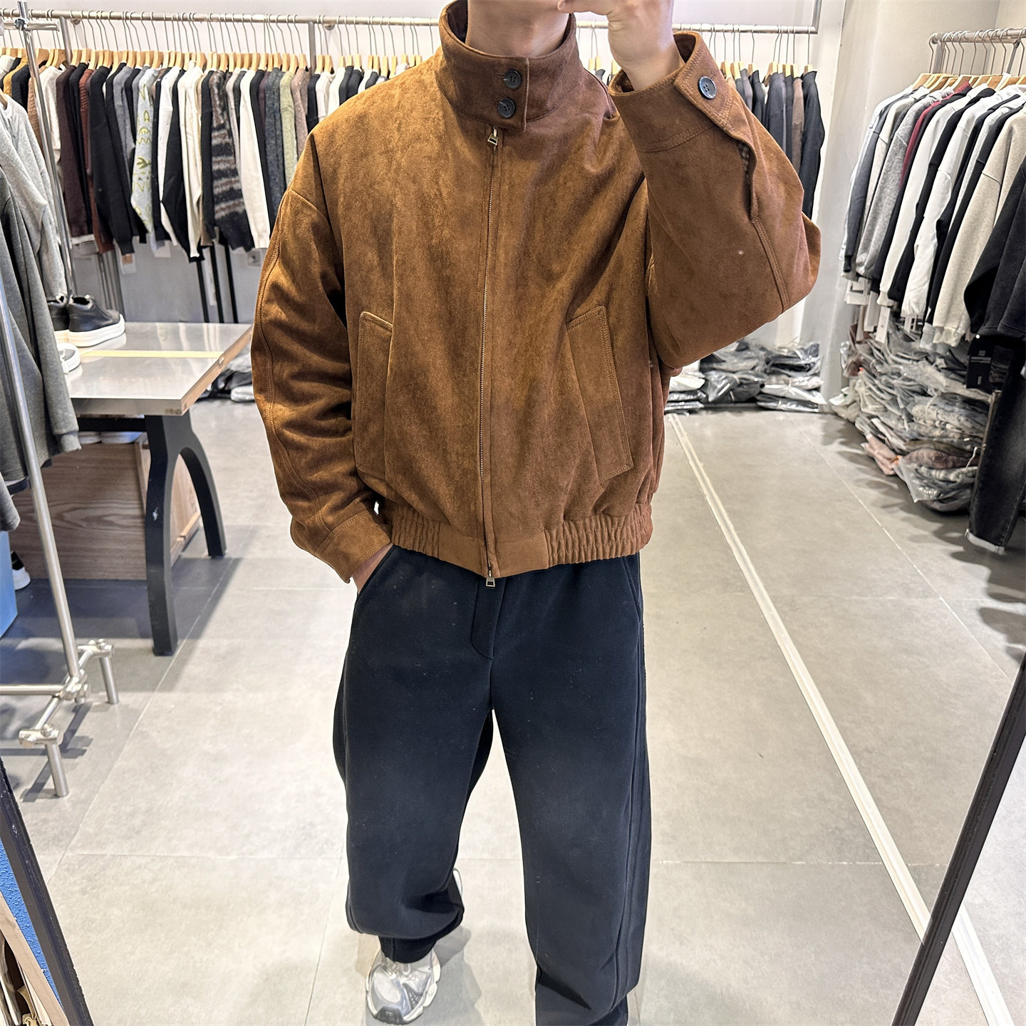 潮牌冬季鹿皮绒立领羽绒服男复古高级感宽松青年短款羽绒夹克外套