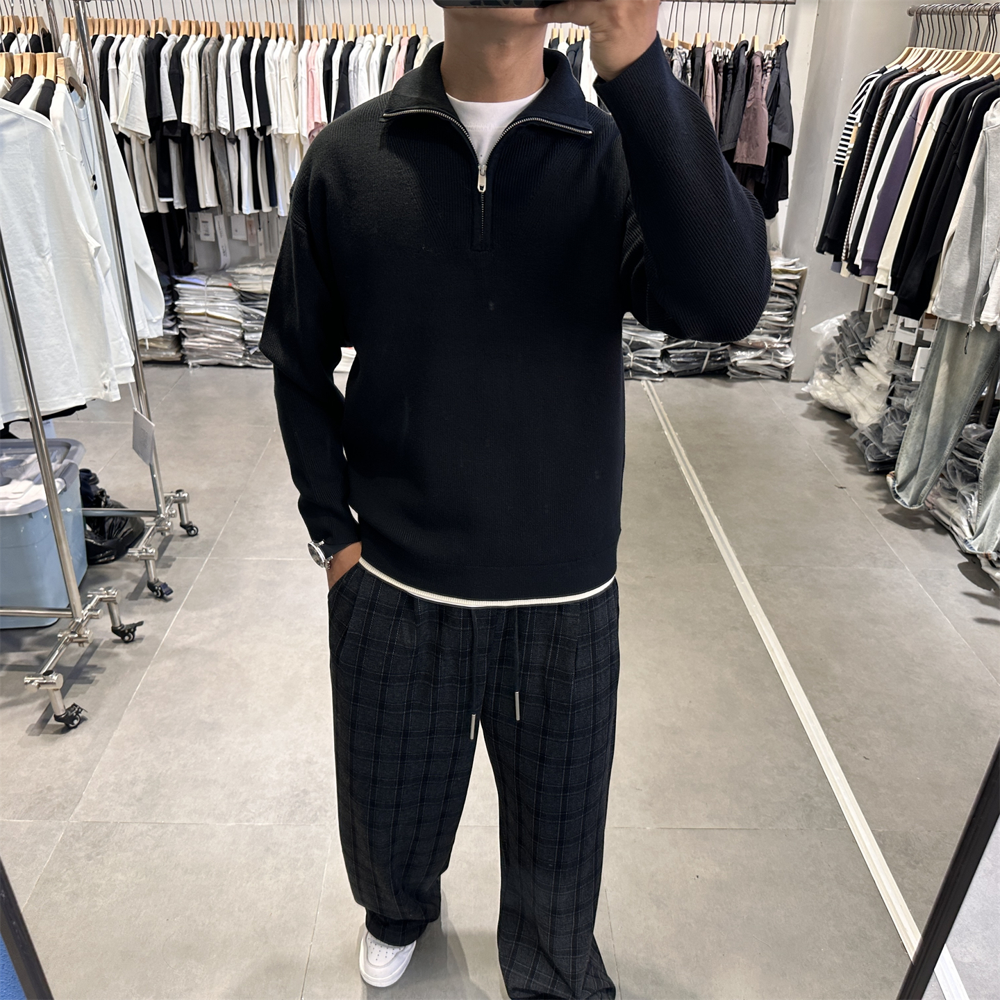 半拉链假两件立领套头毛衣男