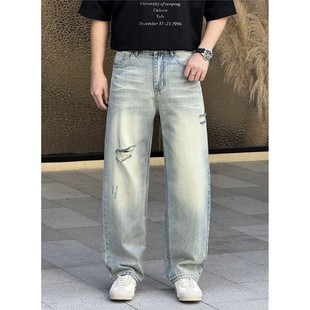 美式复古重工水洗破洞中直筒牛仔裤男春季潮流百搭宽松痞帅阔腿裤