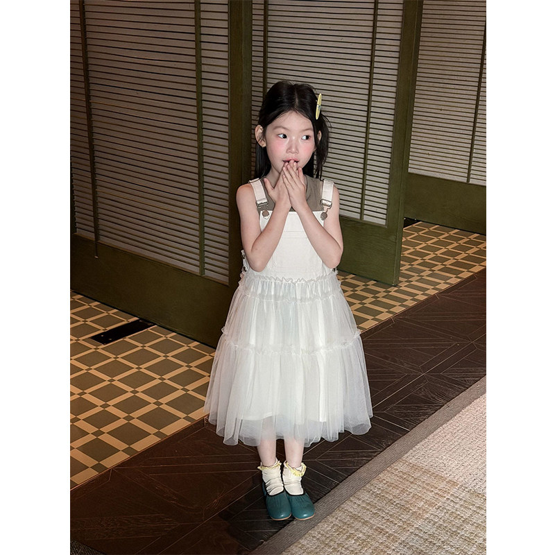 韩版牛仔背带连衣裙夏季2026新款儿童女孩洋气拼接网纱公主裙子