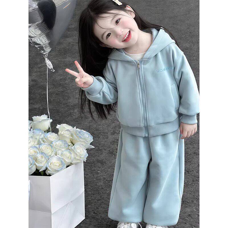 女童蓝色运动套装2026新款春秋季儿童洋气时髦卫衣开衫外套两件套