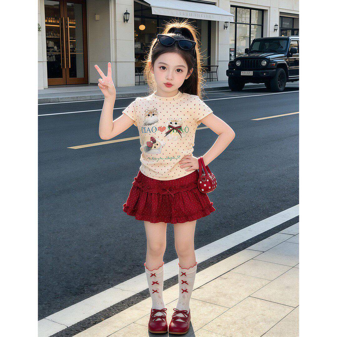 女童套装2026夏季新款中大童洋气可爱甜美卡通短袖红色波点半身裙