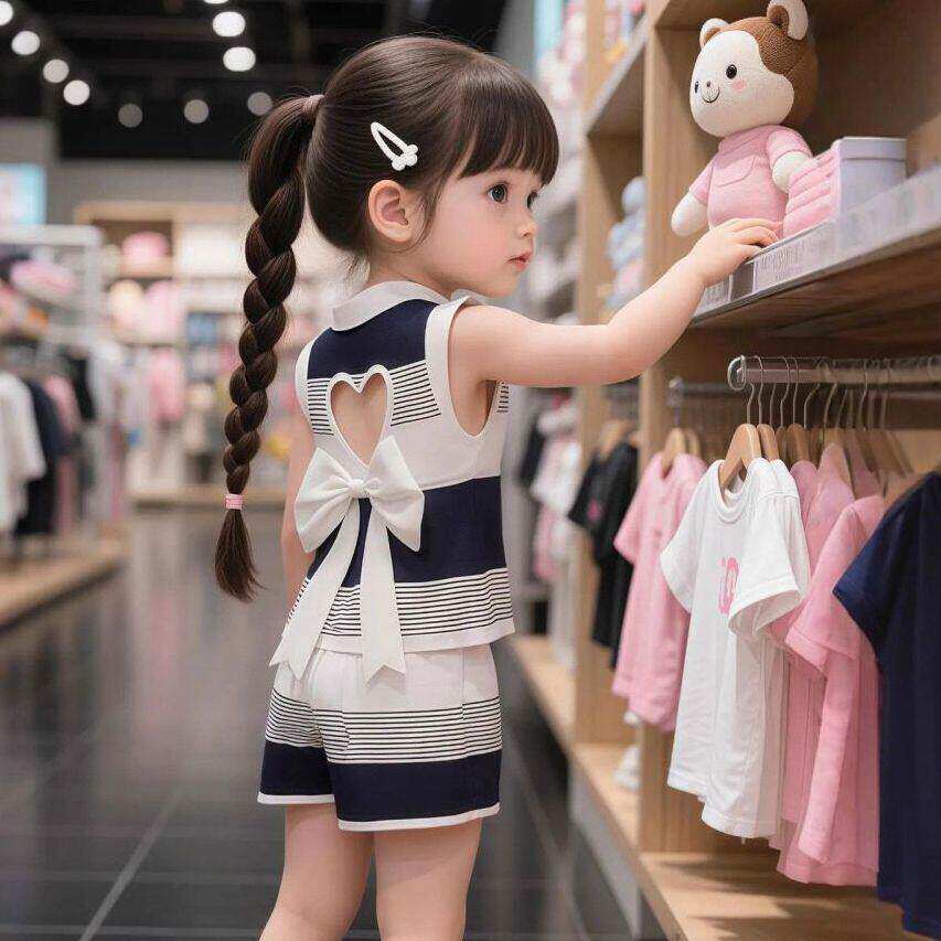 女童套装夏季新款小女孩洋气蝴蝶结无袖背心上衣条纹短裤两件套潮