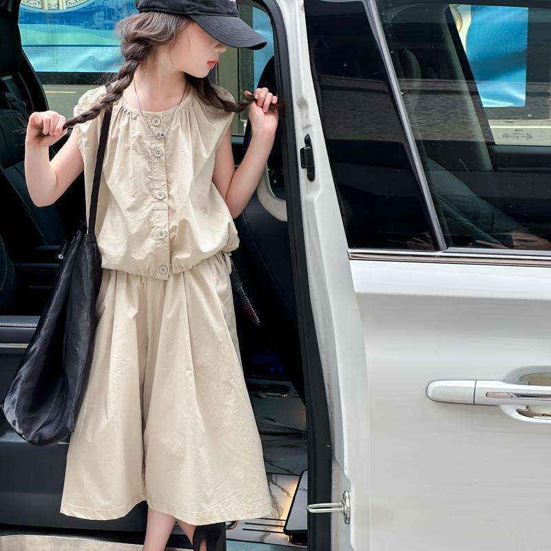 女童套装夏装2025新款儿童潮酷穿搭中大童夏季无袖上衣阔腿七分裤