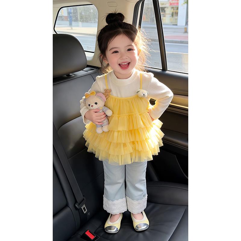 韩版女童多巴胺套装2026春秋儿童宝宝甜美蛋糕裙打底衫花边牛仔裤