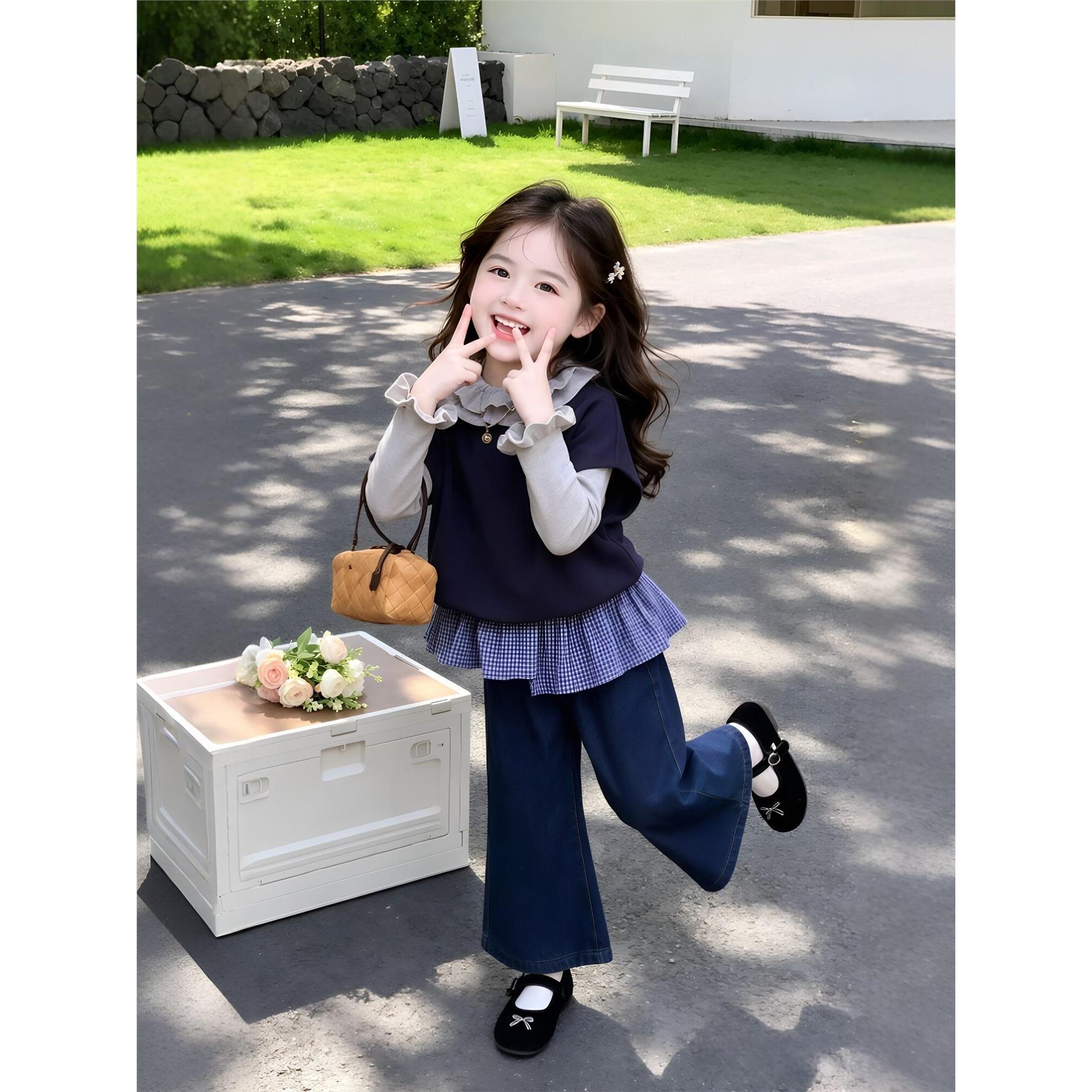 女童韩版时髦套装2026新款儿童马甲上衣小女孩宝宝格子屁帘裤衣服