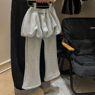 女童加绒加厚屁帘卫裤秋冬季2025新款儿童宝宝洋气时髦花苞喇叭裤