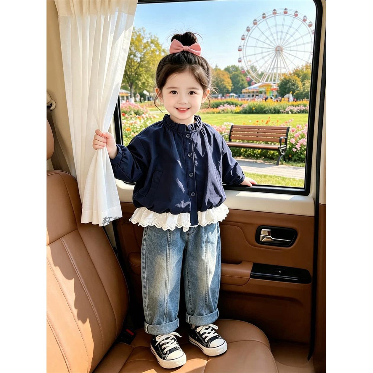 女宝韩系蕾丝花边冲锋衣外套春秋季2026新款儿童洋气夹克衫风衣薄