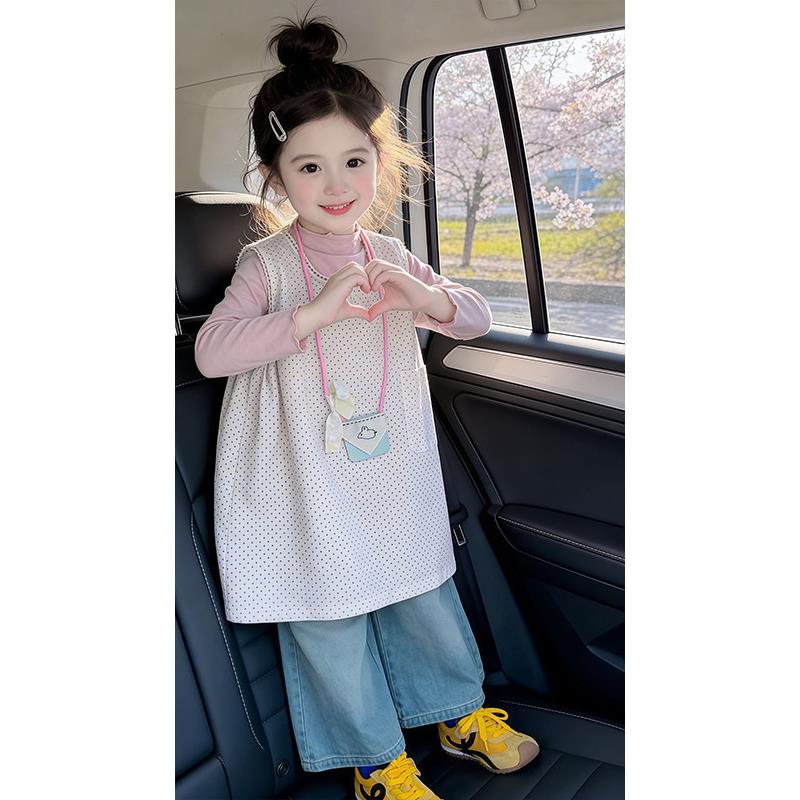 女宝超好看套装2026秋季新款儿童洋气韩系叠穿波点背心裙打底裤子