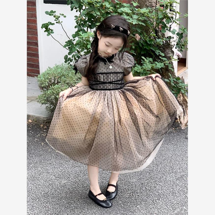 韩版女童2025夏季新款复古黑色波点网纱连衣裙中大童高级感礼服裙