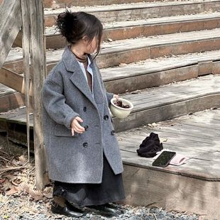 女童韩版灰色毛呢大衣冬季2025新款儿童高级感洋气加厚中长款外套