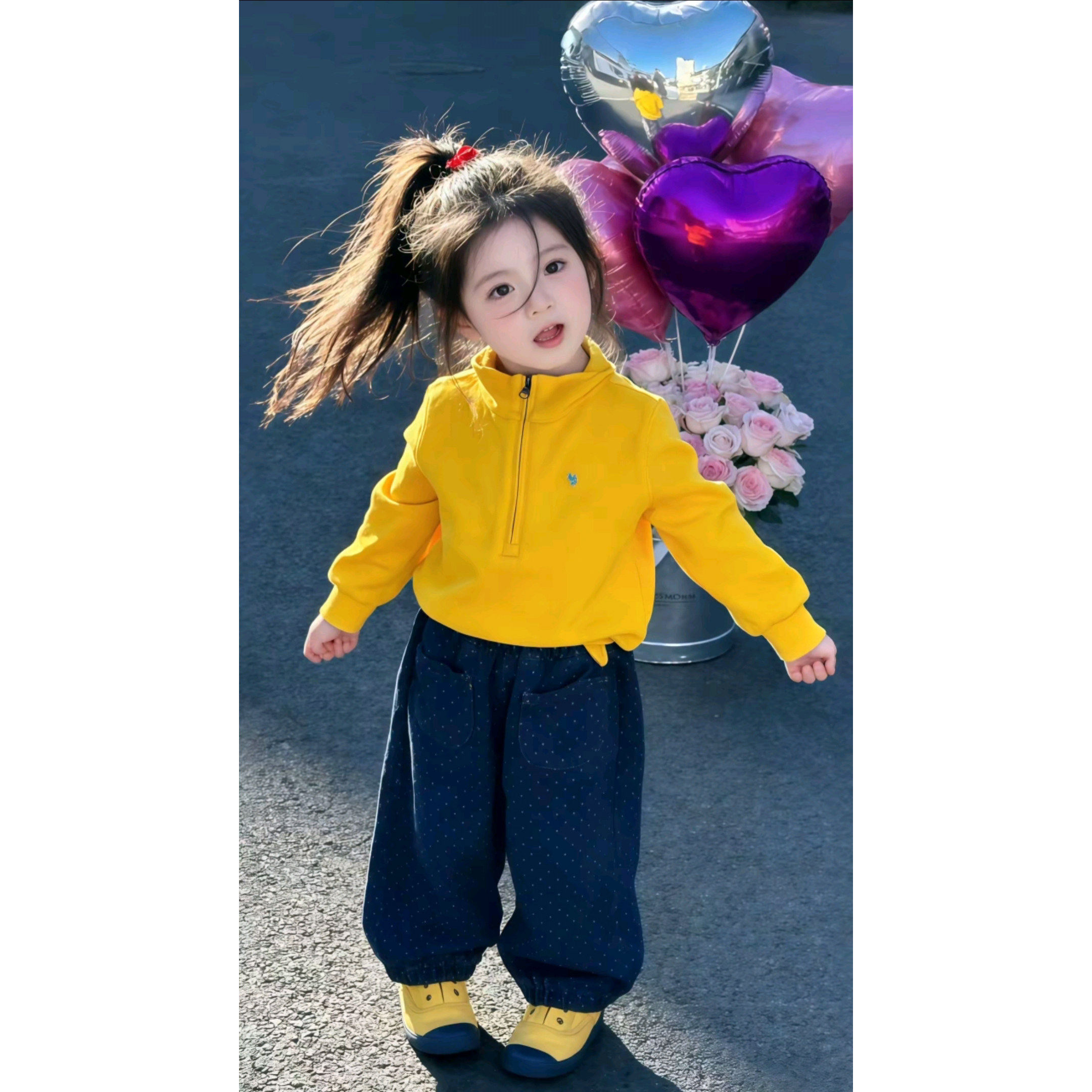 女宝超好看套装春秋季2026新款儿童洋气黄色立领卫衣波点裤两件套