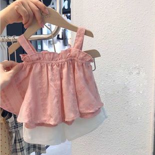 2025宝宝新款 套装 女童洋气碎花甜美吊带上衣两件套短裤 夏装