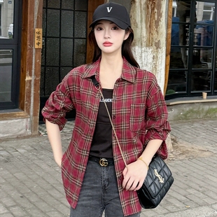 韩系翻领格纹长袖衬衫女春秋新款复古宽松休闲松弛慵懒风外套薄款