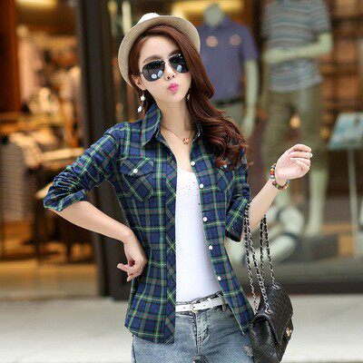 纯棉修身大码格子衬衫女